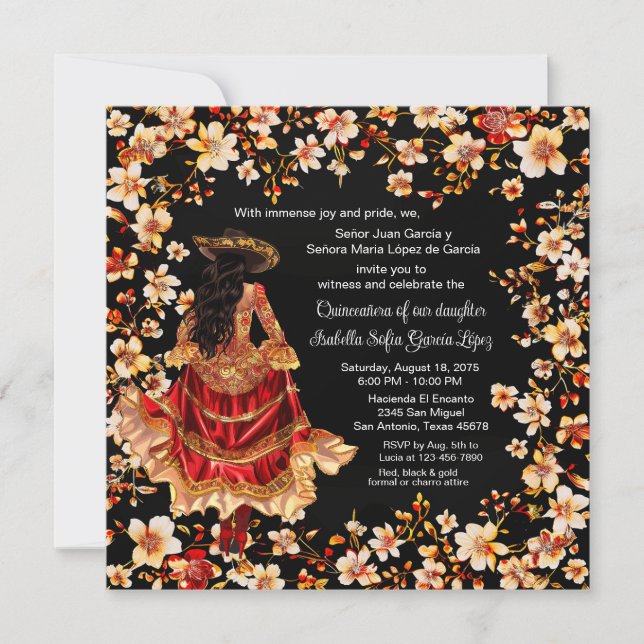 Invitation Rouge Noir Charra Quinceañera (Devant)