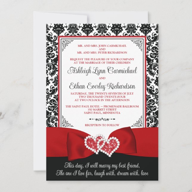 Invitation Rouge, Noir Damask Love Hearts Mariage (Devant)