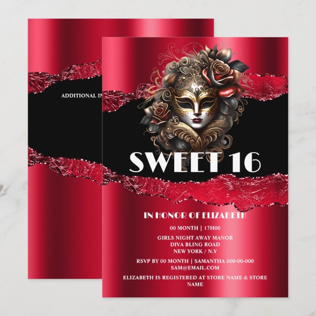 Invitation Rouge noir doux 16 filles mascarade masque 3D glam (Devant / Derrière)