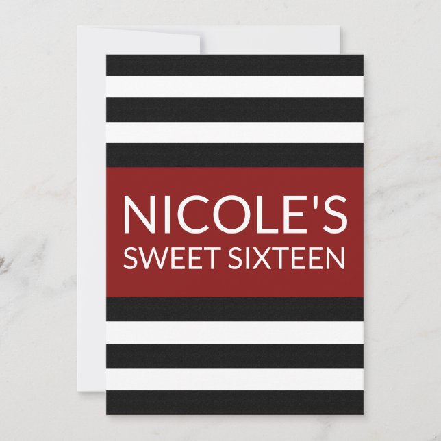 Invitation Rouge Noir et blanc rayé Sweet 16 Anniversaire (Devant)
