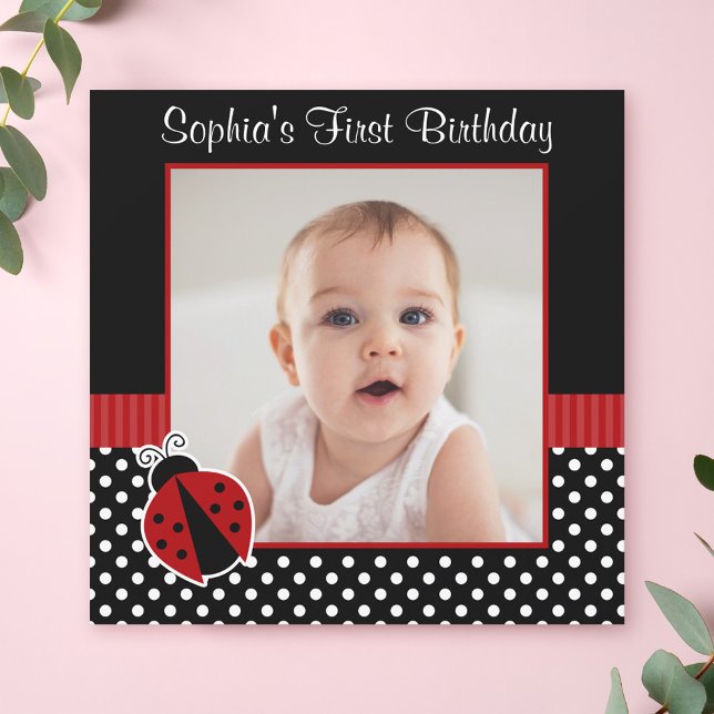 Invitation Rouge noir Ladybug Polka Dot 1er Anniversaire Phot (Créateur téléchargé)