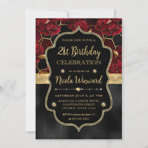 Invitation Rouge Noir & Or Floral Marbre 21e Anniversaire