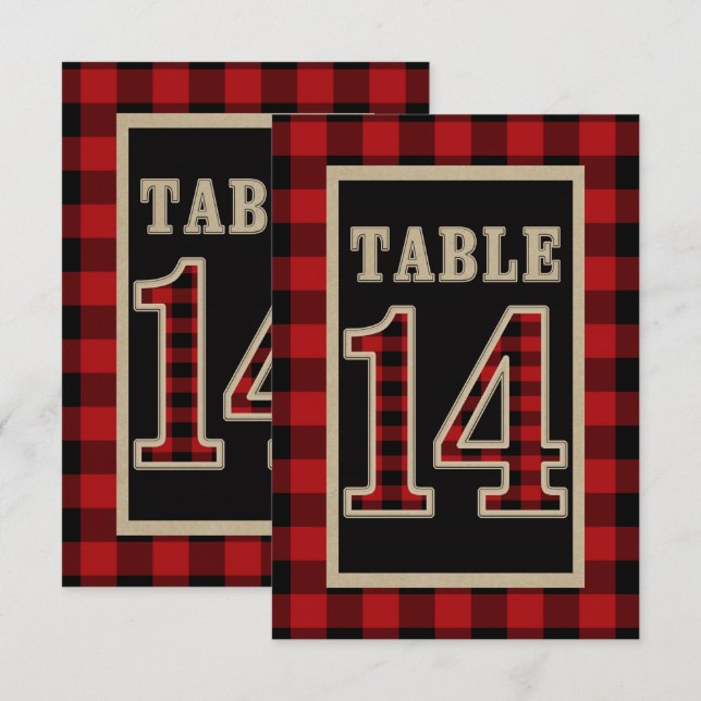 Invitation Rouge & Noir Plaid Buffalo Table Rustique Numéro 1 (Devant / Derrière)