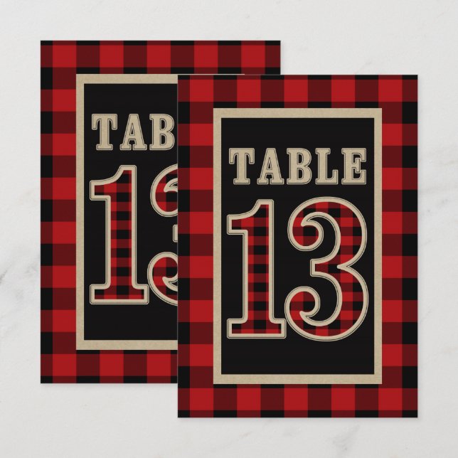 Invitation Rouge & Noir Plaid Buffalo Table Rustique Numéro 1 (Devant / Derrière)