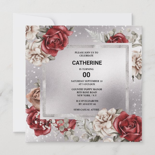 Invitation Rouge noir rose floral argent chic n'importe quel  (Devant)