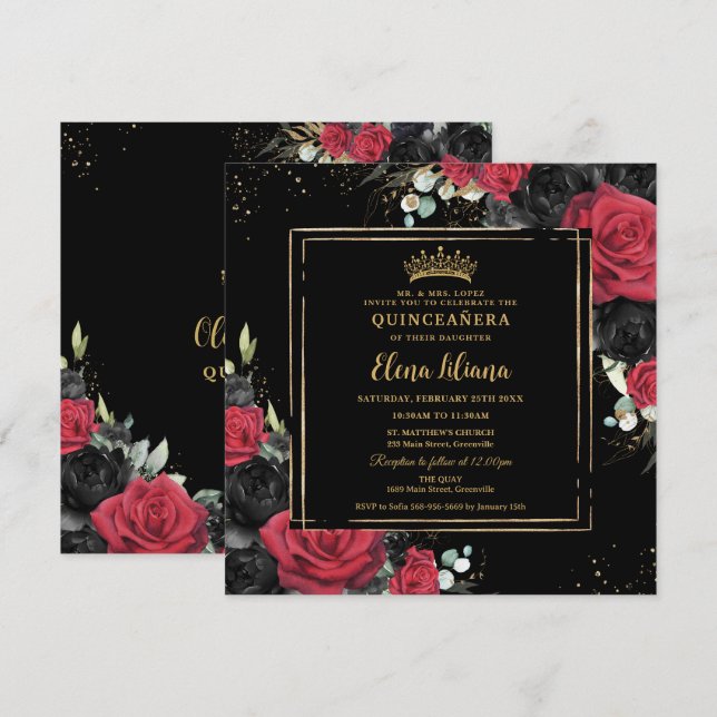 Invitation Rouge Noir Rose Floral Or Quinceanera Sweet 16 (Devant / Derrière)