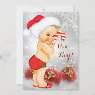Invitation Rouge Or Blanc Noël Baby Shower Garçon Blond