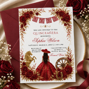 Invitation Rouge Or Cheval Occidental Floral Charra Quinceañe