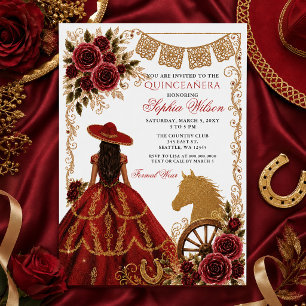 Invitation Rouge Or Cheval Occidental Floral Charra Quinceañe