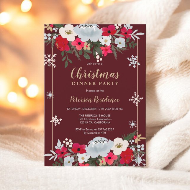 Invitation Rouge or Chic floral fleur de neige Noël (Gold Red Chic floral snowflake Christmas Invitation)