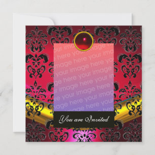 INVITATION ROUGE OR, DAMAS NOIR GABARIT PHOTO MONOGRAMME
