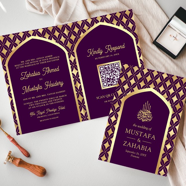 Invitation Rouge or Diamonds Arch QR Code Mariage musulman (Créateur téléchargé)