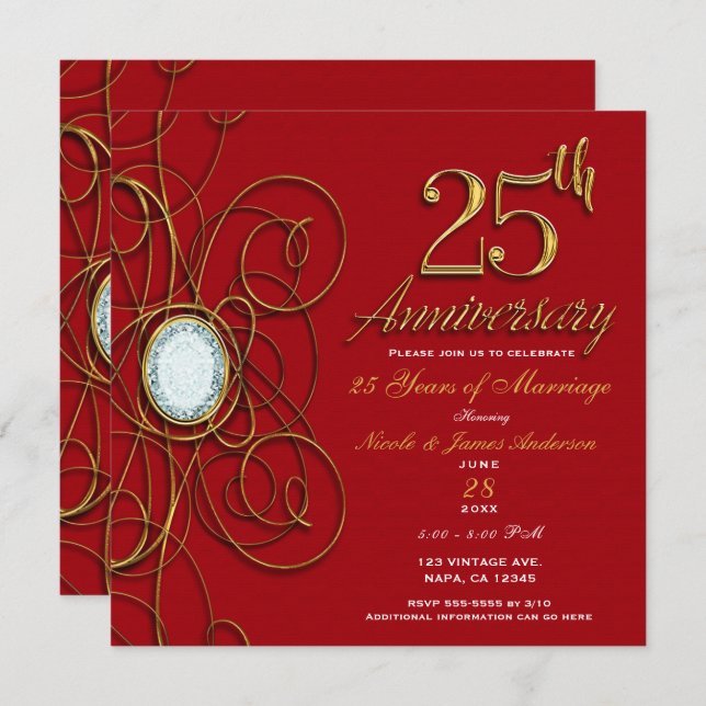 Invitation Rouge & Or Élégant Diamant 25e Anniversaire (Devant / Derrière)