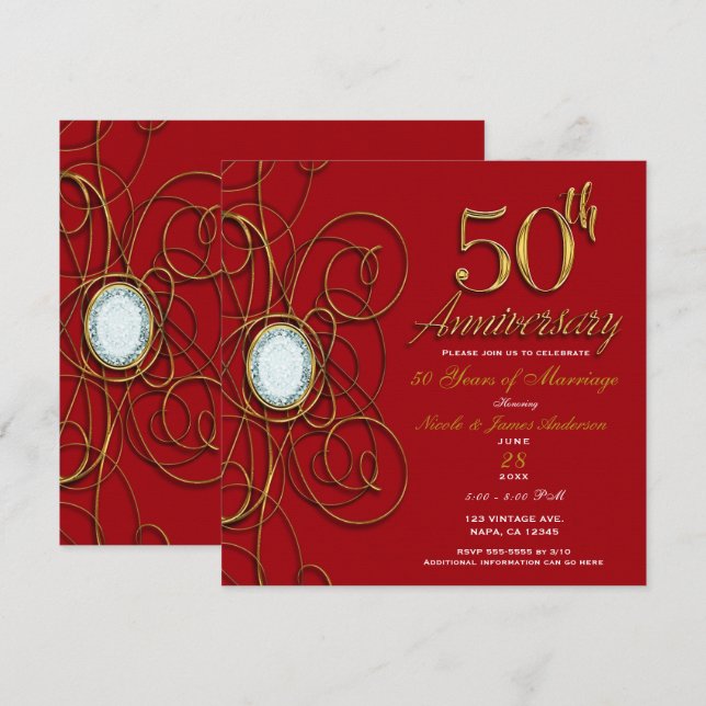 Invitation Rouge & Or Elegant Diamond 50 50e Anniversaire (Devant / Derrière)