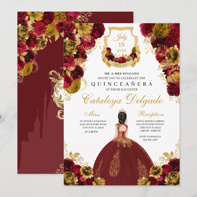 Invitation Rouge & Or Floral Elegant Quinceañera (Devant / Derrière)
