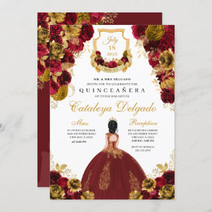 Invitation Rouge & Or Floral Elegant Quinceañera
