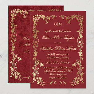 Invitation Rouge Or Floral Élégant Royal Faux Velours Mariage