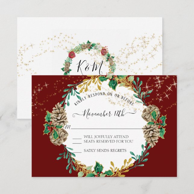 Invitation Rouge or Noël RSVP Holly Pine Cone Wreath (Devant / Derrière)
