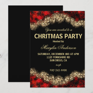 INVITATION ROUGE & OR NOËL SHIMMER PERSONNALISÉ