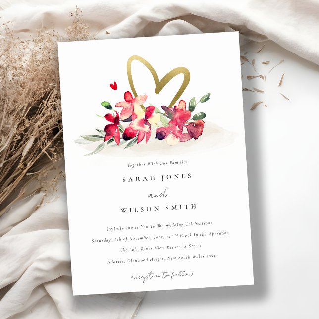 Invitation Rouge or Orchidée Coeur Floral Aquarelle Mariage (Créateur téléchargé)