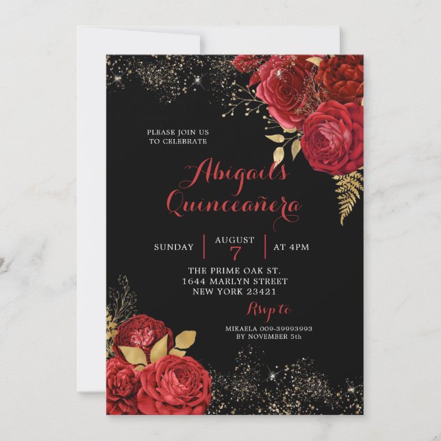 Invitation Rouge or Roses Stiletto Floral Quinceañera (Devant)