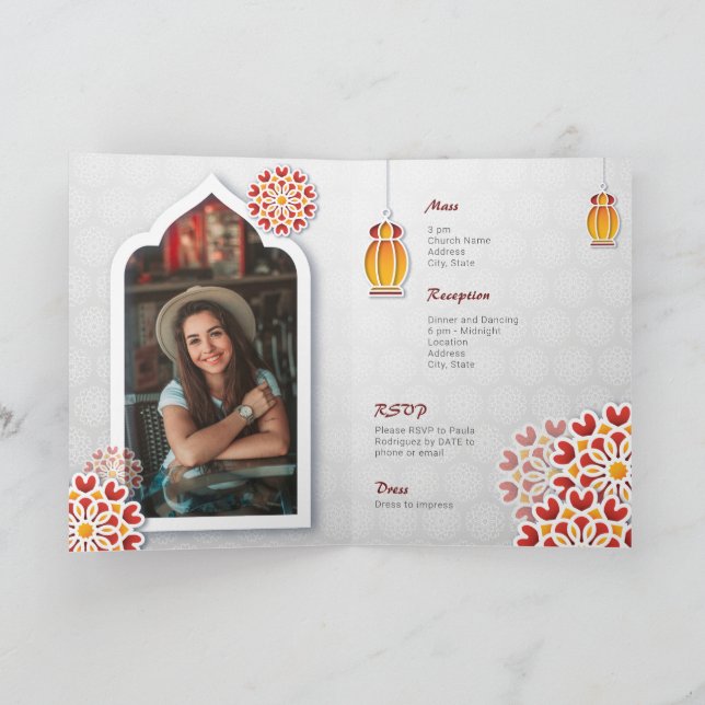 Invitation Rouge Orange Fleur Jaune Nuit Arabe Quinceañera (Intérieur)