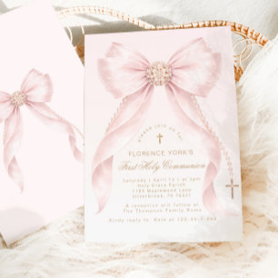 Invitation Rouge pâle Ruban de Noël de la Première Communion