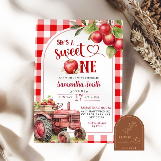 Invitation Rouge Plaid Apple Sweet One First Birthday Girl (Créateur téléchargé)