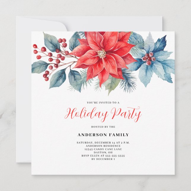 Invitation Rouge Poinsettia Aquarelle Noël (Devant)