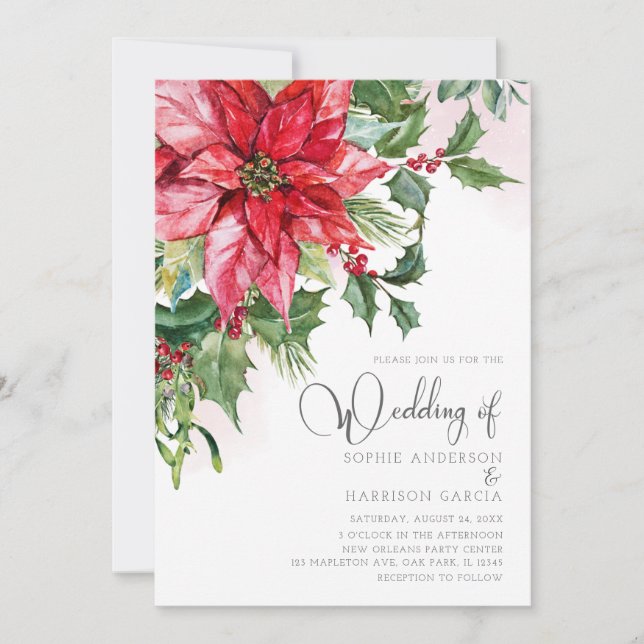 Invitation Rouge Poinsettia Floral Aquarelle Mariage Noël (Devant)