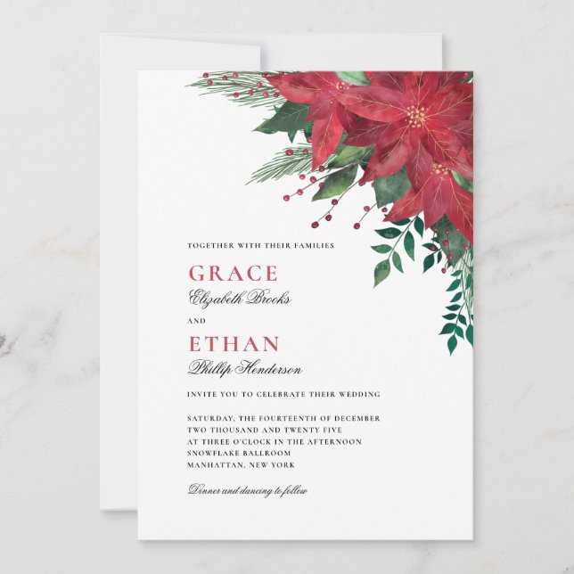 Invitation Rouge Poinsettia Floral Mariage de Noël (Devant)