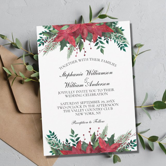 Invitation Rouge Poinsettia Floral Mariage de Noël d'hiver (Créateur téléchargé)