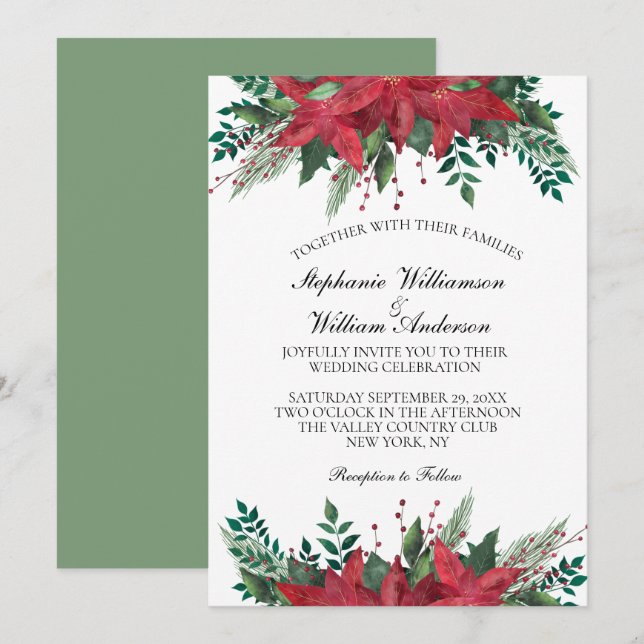 Invitation Rouge Poinsettia Floral Mariage de Noël d'hiver (Devant / Derrière)