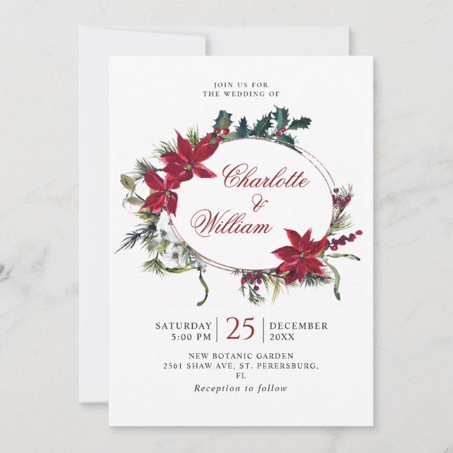 Invitation Rouge Poinsettia Floral Noël Aquarelle Mariage (Devant)