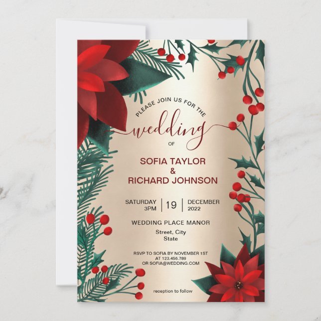 Invitation Rouge Poinsettia Floral Noël Aquarelle Mariage (Devant)