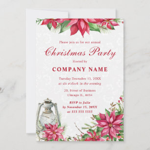 Invitation Rouge Poinsettia & Lanterne Entreprise Noël