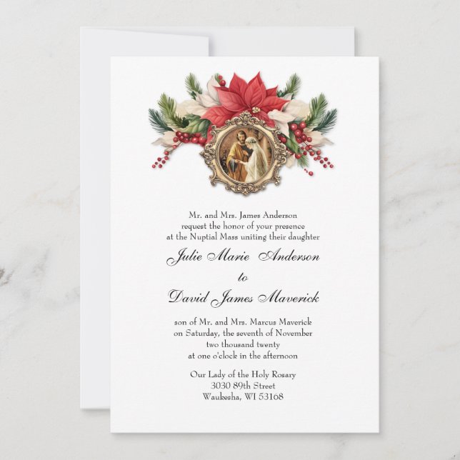 Invitation Rouge Poinsettia Noël Religieux Élégant Mariage (Devant)