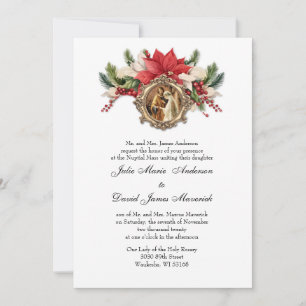 Invitation Rouge Poinsettia Noël Religieux Élégant Mariage