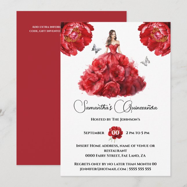 Invitation Rouge Quinceañera fleurs florales de pivoine (Devant / Derrière)