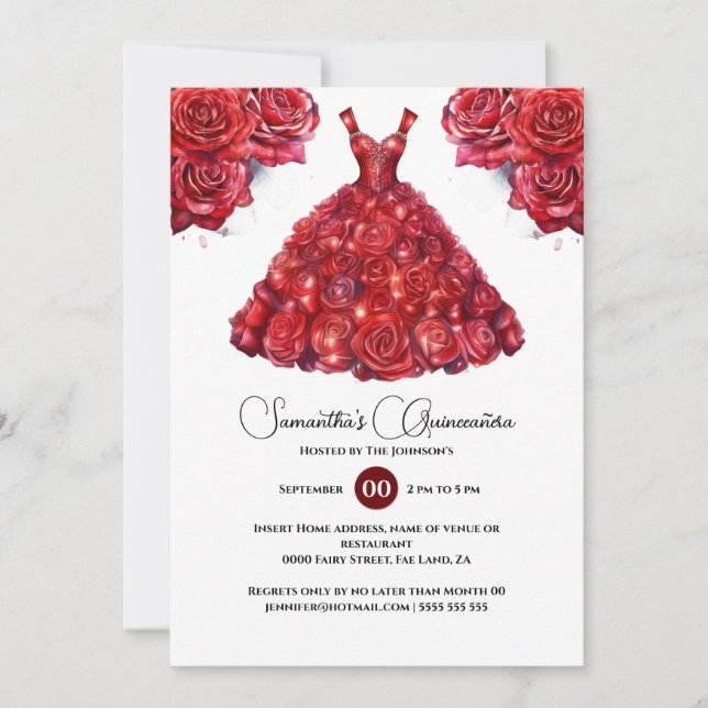 Invitation Rouge Quinceañera laine élégante fleur rose 15e (Devant)
