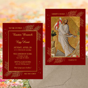 Invitation Rouge Religieux Il est ressuscité Pâques Brunch Ch
