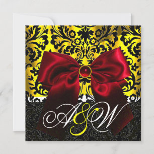 INVITATION ROUGE RIBBON OR JAUNE BLACK DAMASK MONOGRAM