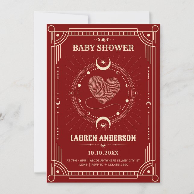 Invitation Rouge romance tarot boho baby shower de lune mysti (Devant)