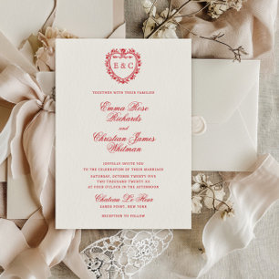 Invitation Rouge Romantique Vintage Blason de Monogramme de M