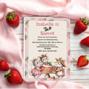 Invitation Rouge rose Deux fraises sucrées 2e fête d'annivers