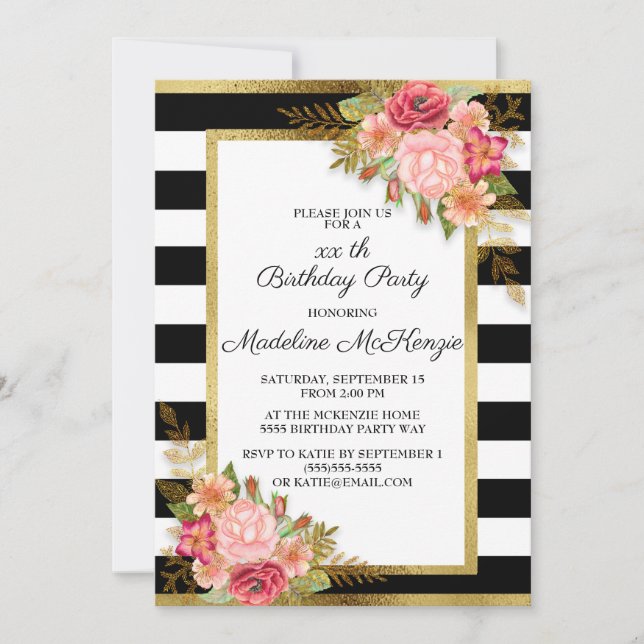 Invitation Rouge rose Floral Noir Blanc rayures Or Anniversai (Devant)