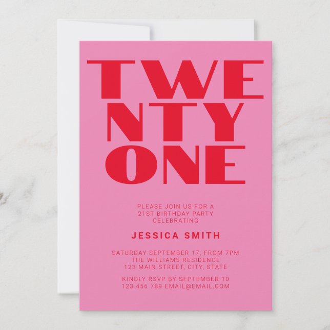 Invitation Rouge rose moderne Bold 21e anniversaire (Devant)