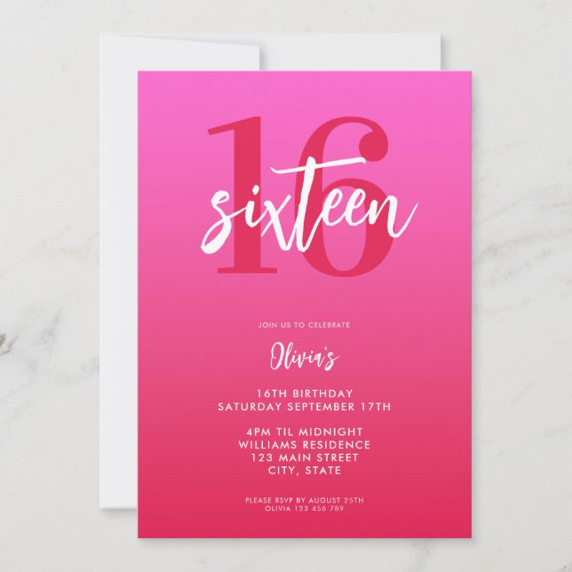 Invitation Rouge rose moderne Elégant 16e anniversaire (Devant)