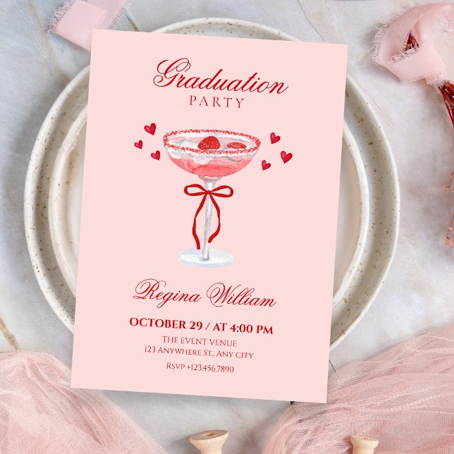 Invitation Rouge rose noeud mignon cocktail de remise de dipl (Créateur téléchargé)