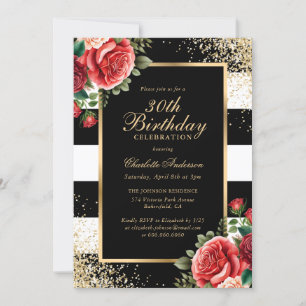 Invitation Rouge Rose Noir Confetti Floral 30e Anniversaire